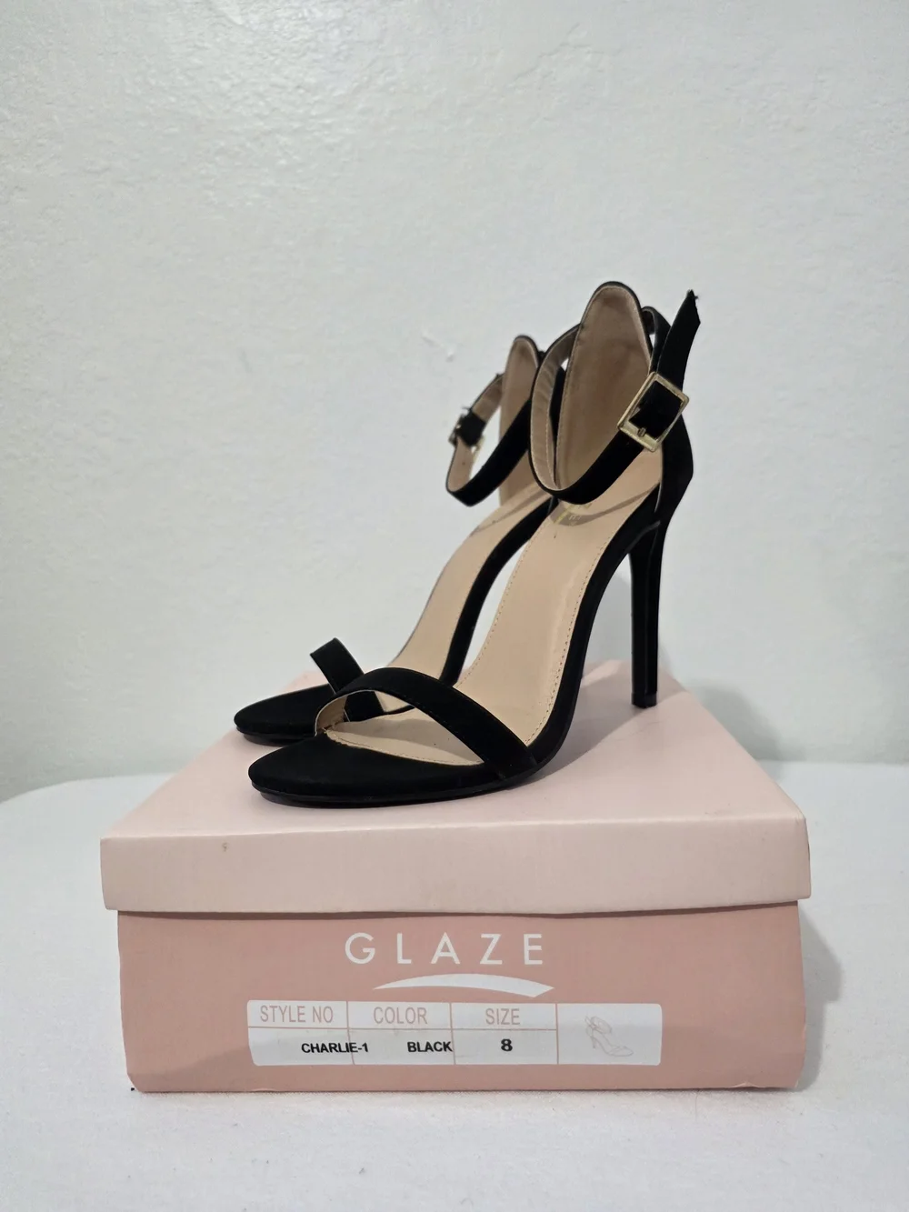 Glaze Black Suede High Heel Ankle-Strap Sandals Size 8